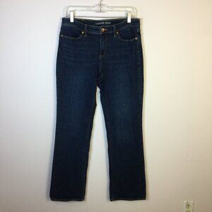 Land's End Boot Cut Jeans Size 8 Womans Dark Wash Mid Rise Blue Denim Stretch